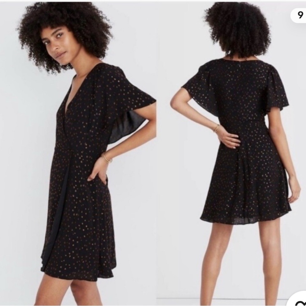 Madewell Cape-Sleeve Mini Dress – Black w/ Gold Metallic Dots – Size 4